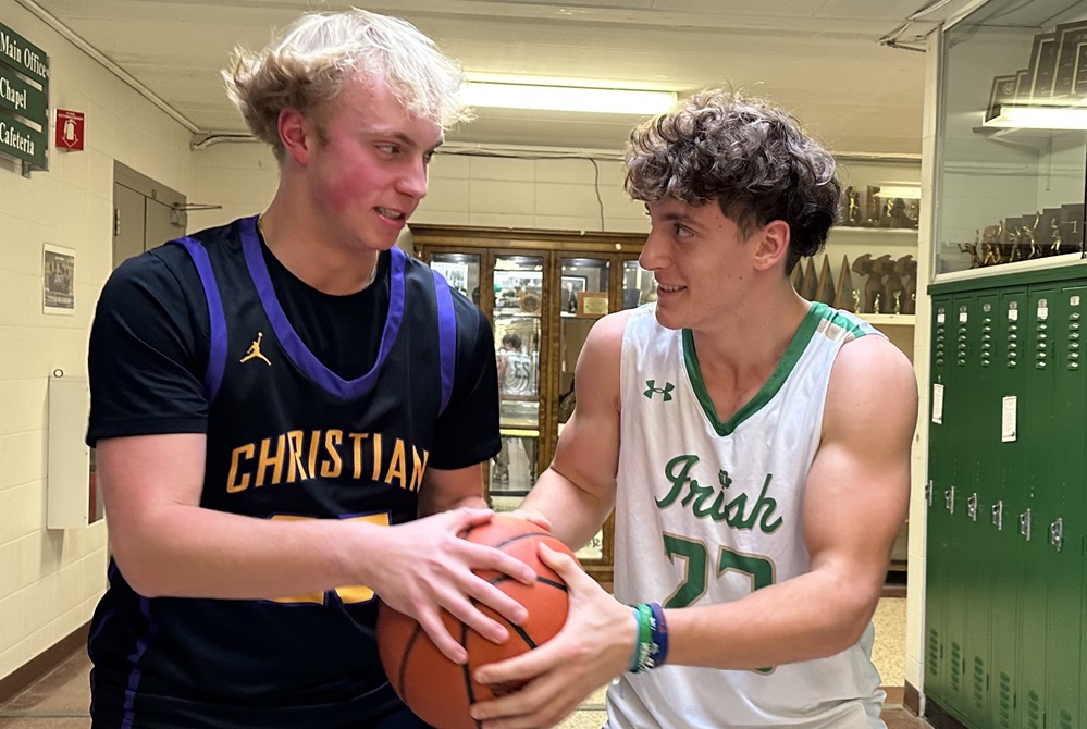 Kalamazoo United football teammates Jackson Herder and Keegan McCue are rivals during basketball season playing for Hackett Catholic Prep and K-Christian, respectively. 