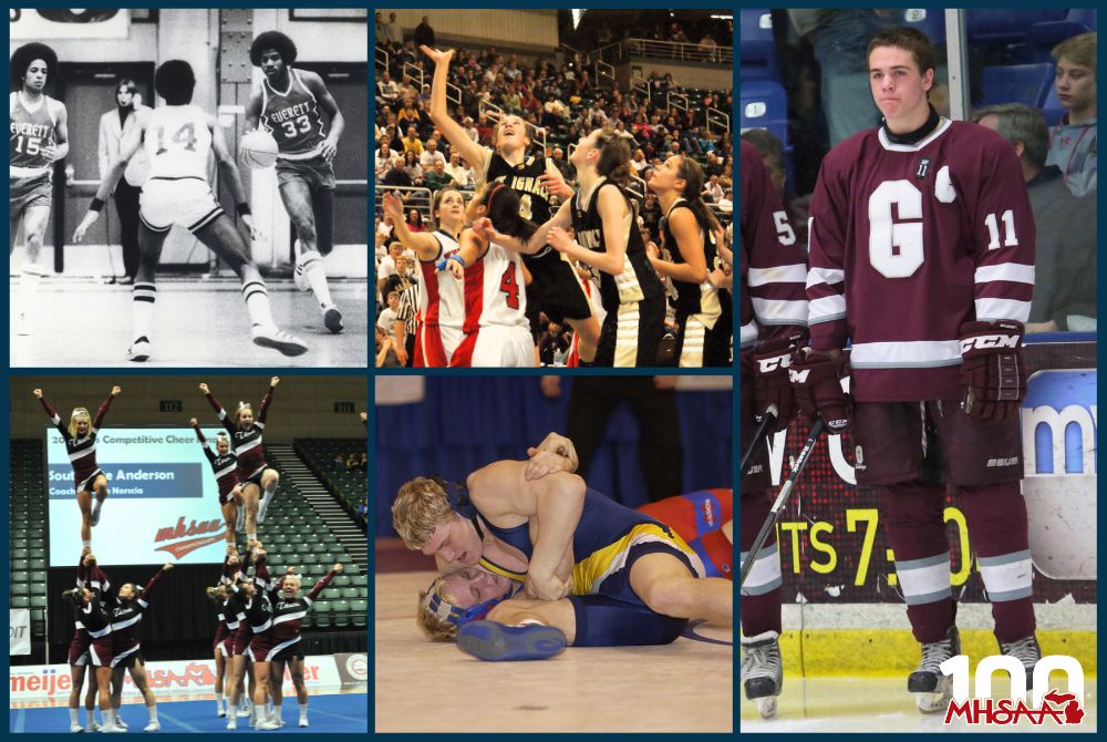 Clockwise from top left: (1) Earvin Johnson brings the ball upcourt for Lansing Everett. (2) Nicole Emblad gets a shot up for St. Ignace. (3) Connor Fischer wears his brother's jersey the day after his death. (4) Southgate Anderson competes at the 2012 Competitive Cheer Final. (5) Mason's Kory Jackson (red) and Lapeer West's Roger Kish wrestle during the 2003 Division 2 Final. 