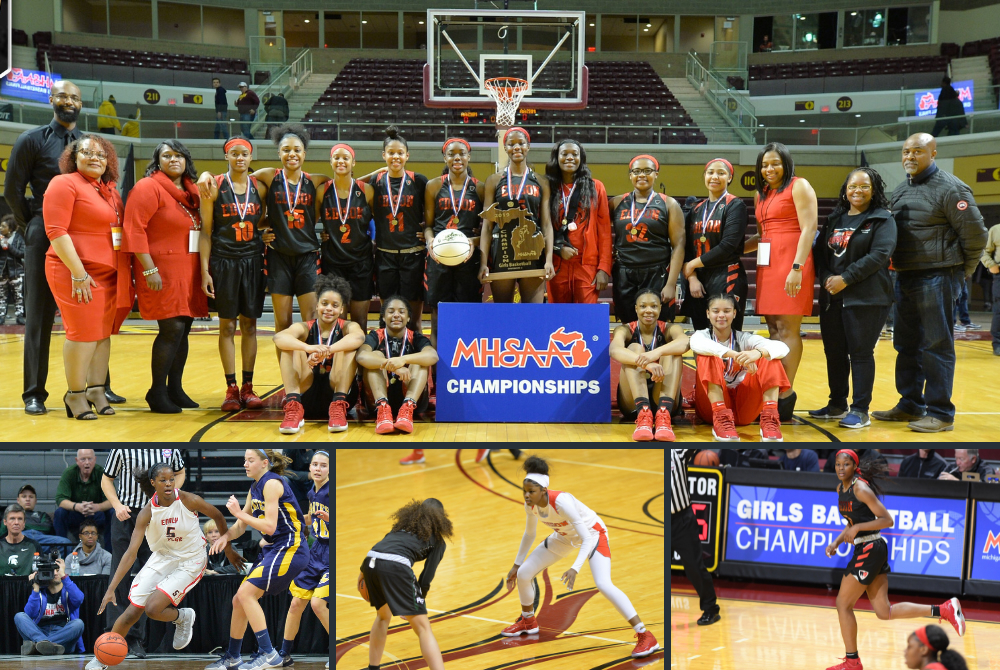 At top, Jackson is part of a 2019 team championship photo with Detroit Edison. Below, from left, Jackson looks for an opening against Pewamo-Westphalia in 2017, defends during the 2018 Final and runs upcourt during her team's 2019 championship win.  