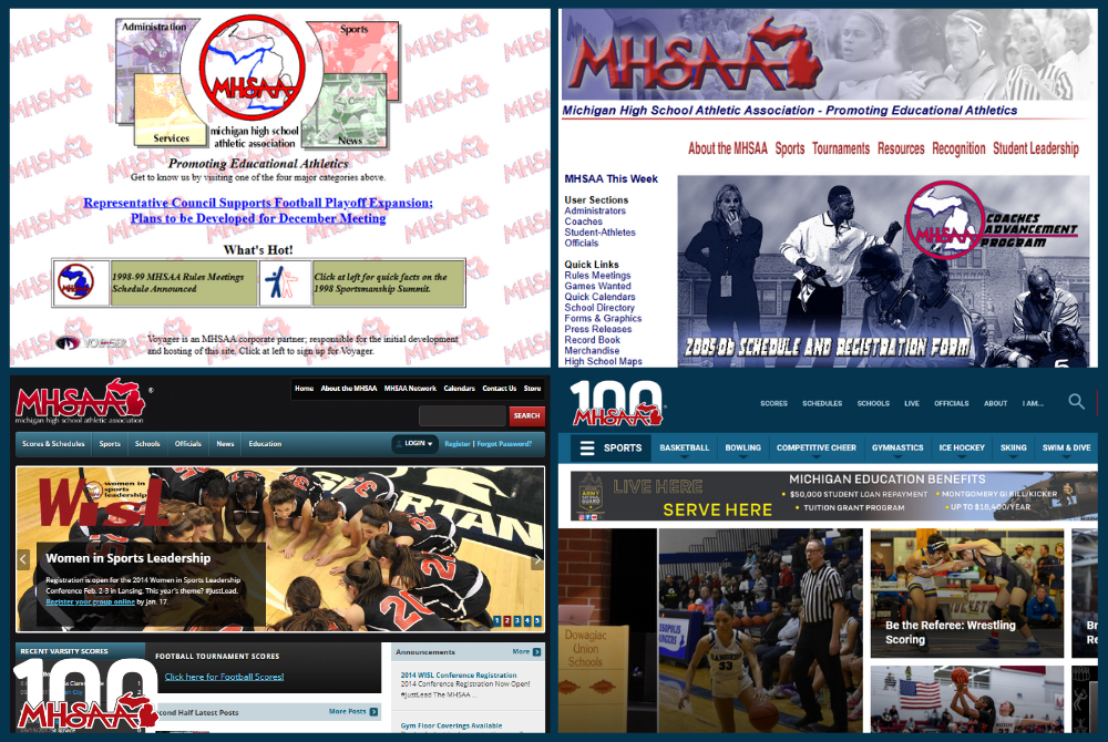 Clockwise from top left are images of the front page of MHSAA.com from the years 1998, 2005, this week and 2014.