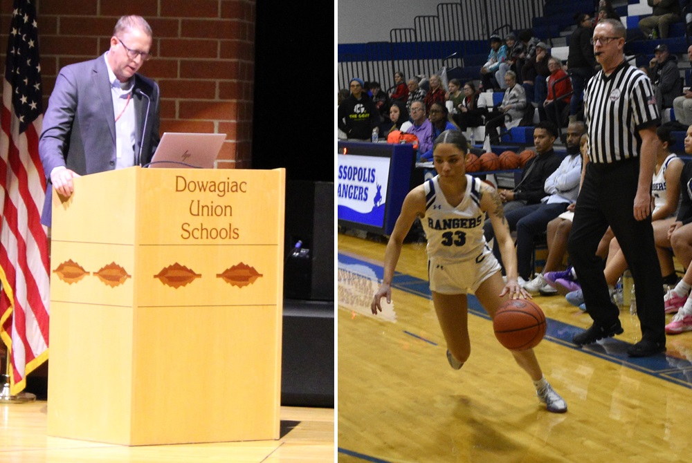 At left, Dowagiac superintendent Greg Blomgren addresses an audience during his first day in the position, July 1. At right, Blomgren officiates a girls basketball in December between host Cassopolis and White Pigeon. 