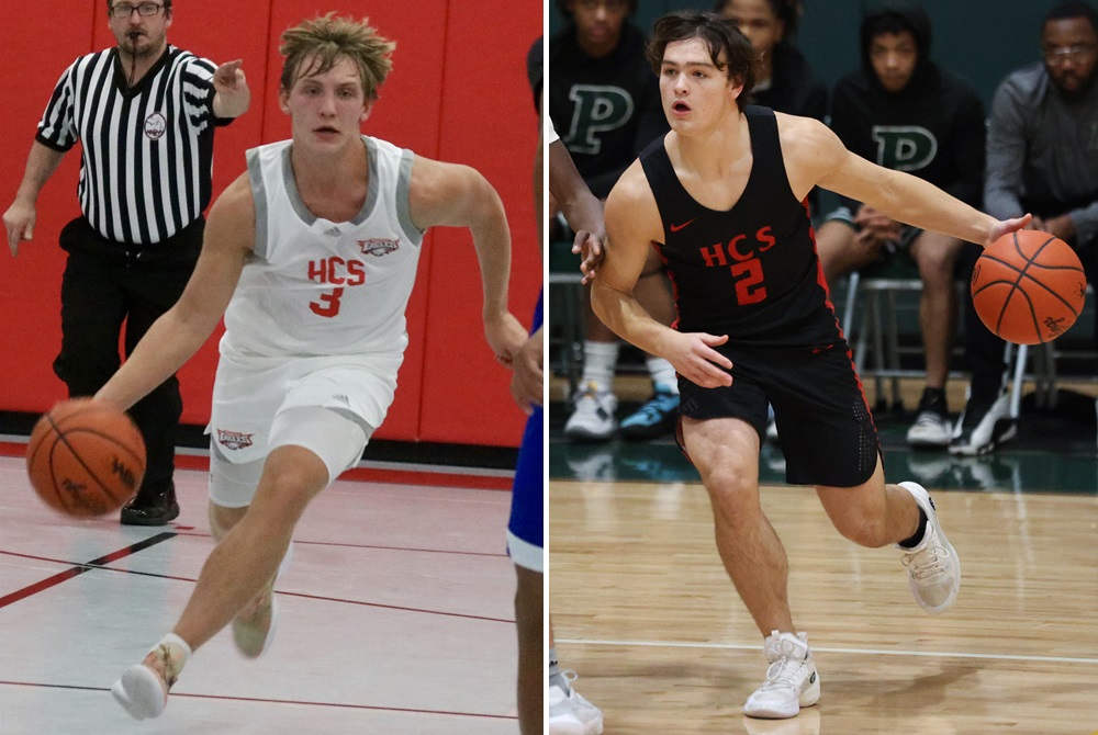 At left, Howardsville Christian’s John Paul Rose (3) brings the ball upcourt this season against Cassopolis. At right, Kaden Sparks drives around a screen set by a teammate against Kalamazoo Phoenix.