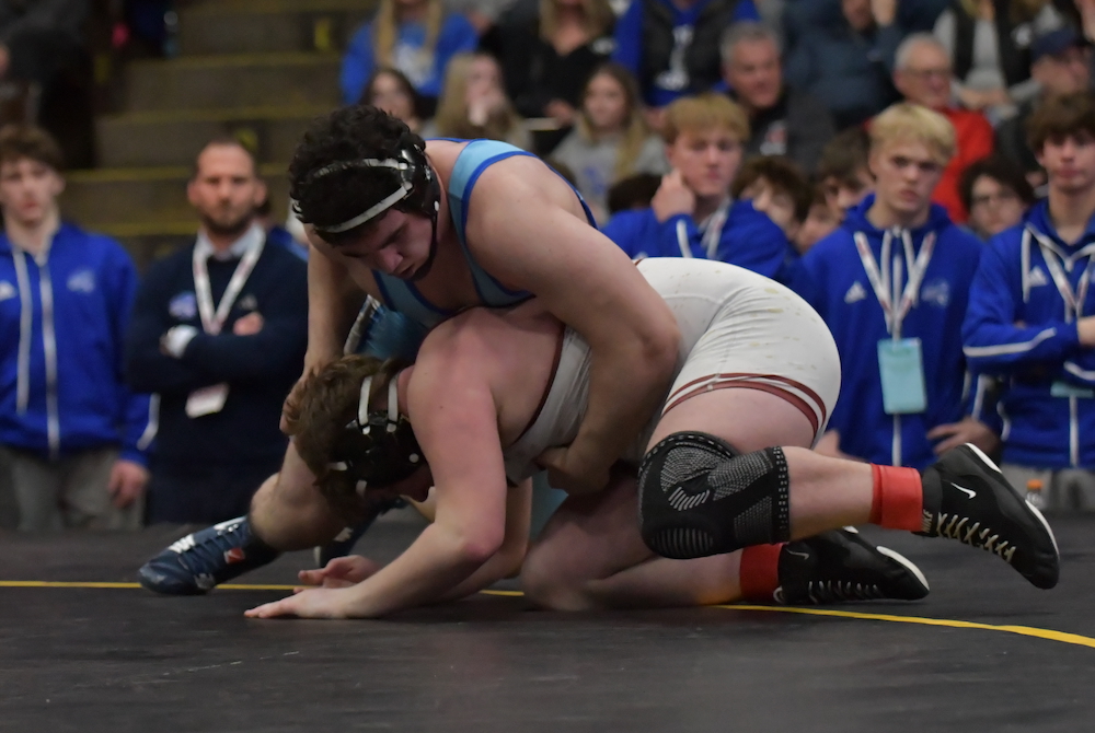 Detroit Catholic Central's Connor Bercume (blue) wrestles Davison's Brandon Glisson at 215 pounds during Saturday's Division 1 Final.