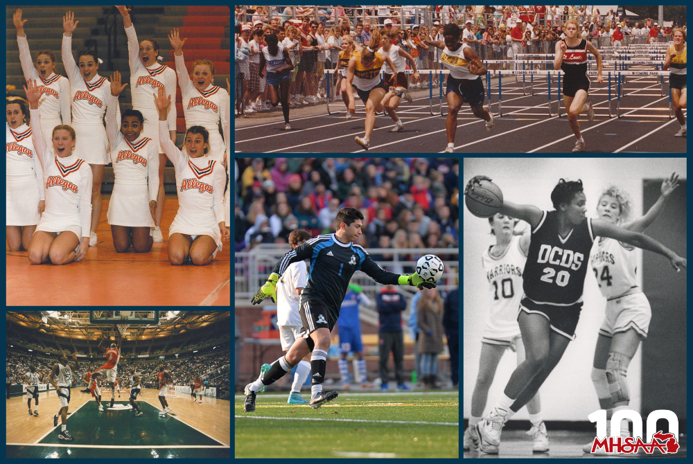 This collage shows photos of competitive cheer, the end of a girls track race, girls and boys basketball games and a soccer goalkeeper kicking off.