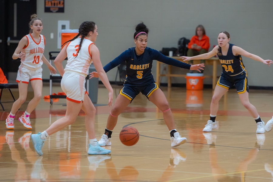 Haslett's Maddie Fant (5) and Abigail Brooks (24) defend during the Vikings' 52-32 win over Brighton on Saturday.