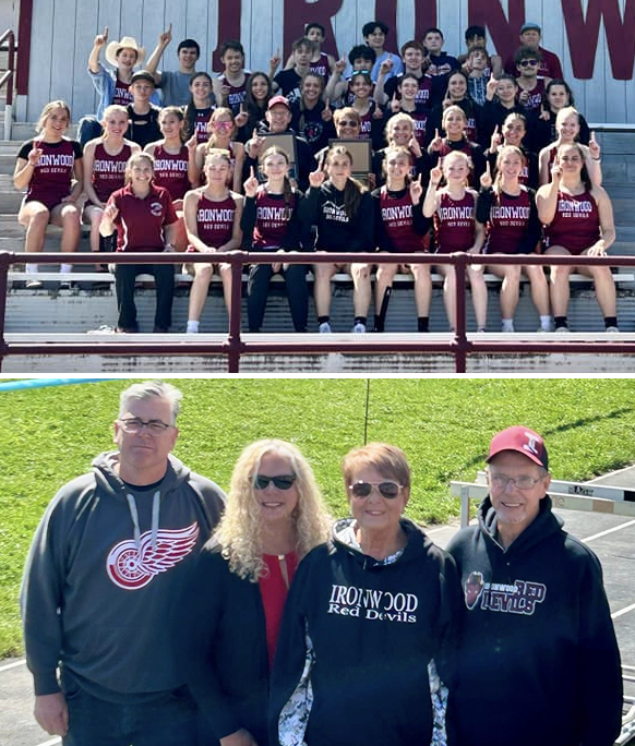 The Ironwood teams take a photo together, at top, after sweeping the meets. Below, from left, LaBlonde’s brother-in-law Dave Lundin, sister Dena Lundin and parents Marlene and Jim LaBlonde attend the meet. 