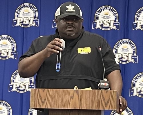 First-year Crusaders head coach Terel Patrick speaks during PSL media day Aug. 1. 