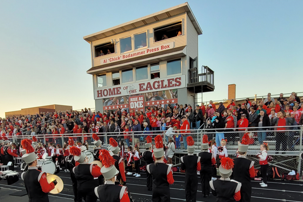 The Al "Chick" Rodammer Press Box stands tall before the start of a Frankenmuth game this season.