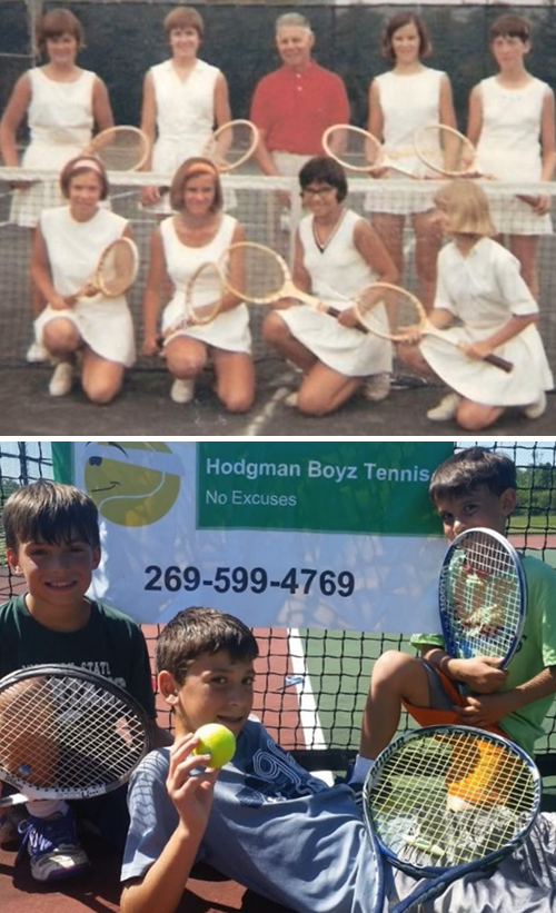 Dr. Bert Hodgman, middle of top row, and future daughter-in-law Patty Miller, standing far right, take a photo with their Hodgman Girls team. Below, from left, Jacob, Luke and Dylan Hodgman are part of the newest Hodgman Boyz. 