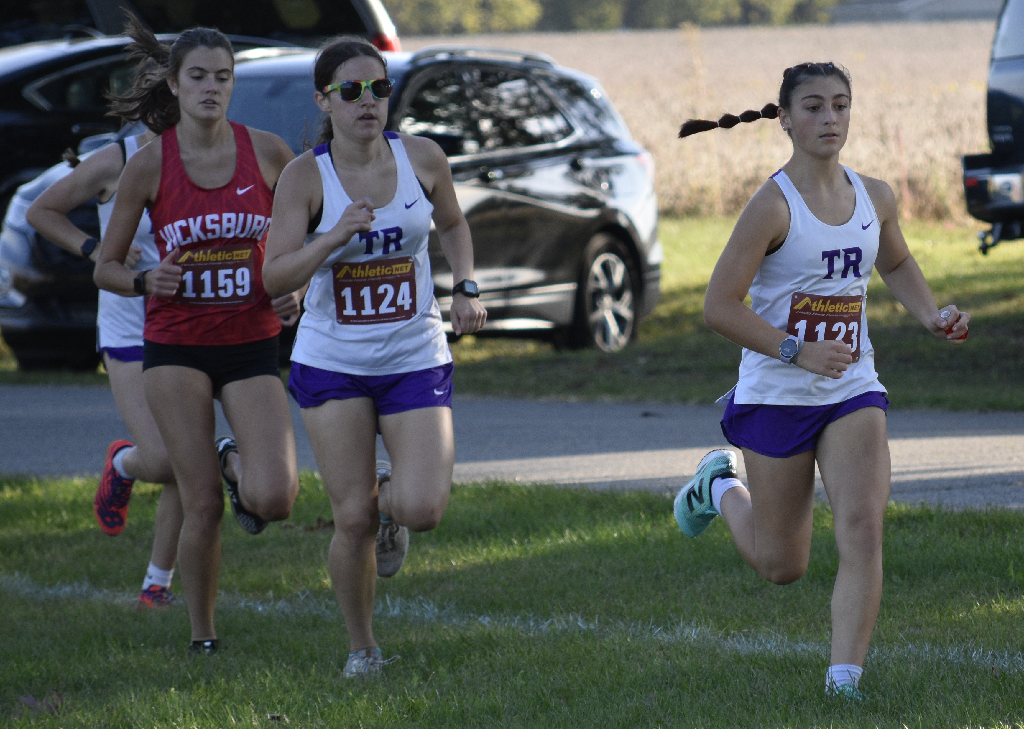 Lillie Kerr, right, and teammate Gabby Kilbourn lead Three Rivers in the girls race against Vicksburg last week.