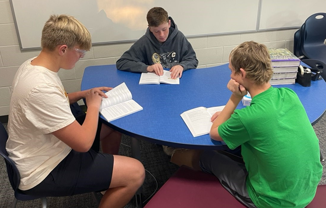 Tanner Johnson, Will Howell and Westinghouse read “The Twin Thieves” together. 