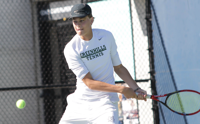 The Gryphons’ Teddy Staebler gets to a backhand during his No. 1 singles final.