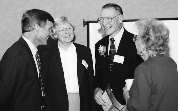 Past Executive Director Al Bush (right) and his wife, Lois, were on hand for the 1997 open house hosted by then-Executive Director Jack Roberts (left) and staff.