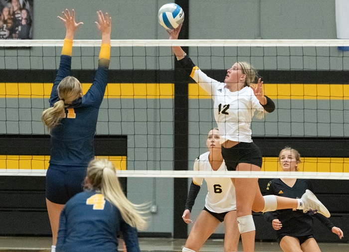 Central’s Macaire Kudary (12) attempts to put a ball over a Cadillac block. 