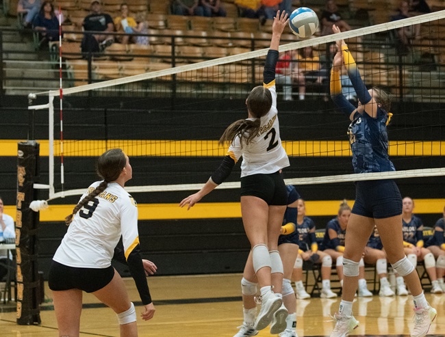 The Trojans’ Marley Richmond (2) attempts a one-handed block against Gaylord. 