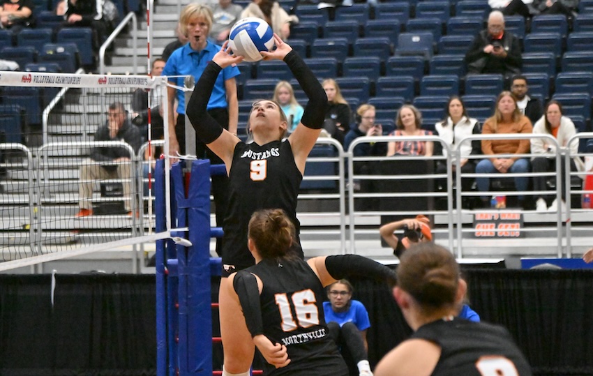 Northville’s Ella Craggs (9) sets for Elle Chenowith (16) during their team’s 25-20, 20-25, 25-19, 25-22 Division 1 Semifinal win over Bloomfield Hills Marian (45-8).