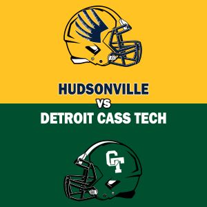 This graphic shows football helmets for Hudsonville and Detroit Cass Tech.