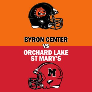 This graphic shows football helmets for Byron Center and Orchard Lake St. Mary's.