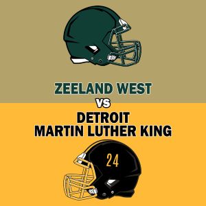 This graphic shows football helmets for Zeeland West and Detroit Martin Luther King.