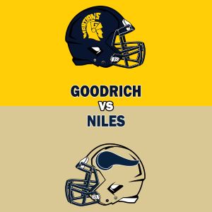 This graphic shows football helmets for Goodrich and Niles. 