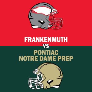 This graphic shows football helmets for Frankenmuth and Pontiac Notre Dame Prep.