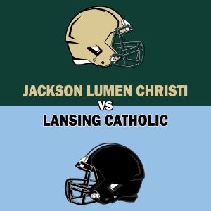 This graphic shows football helmets for Jackson Lumen Christi and Lansing Catholic.