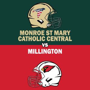 This graphic shows football helmets for Monroe St. Mary Catholic Central and Millington.