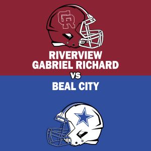 This graphic shows football helmets for Riverview Gabriel Richard and Beal City.