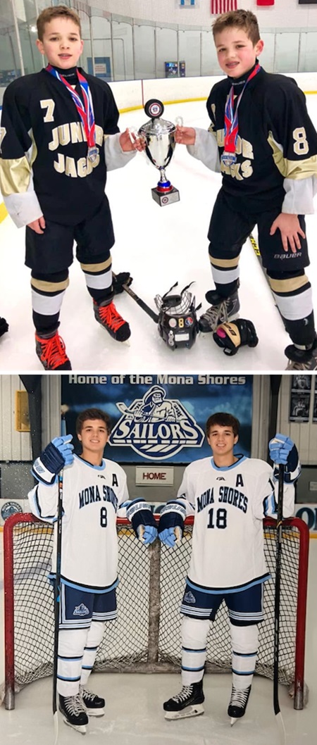 The Tildens show off a trophy early in their youth hockey careers, and then take a photo together during the team’s media day this season.