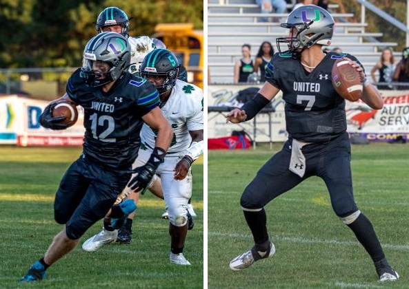 Herder, right, directs the football offense at quarterback against Berrien Springs, with McCue his top receiver advancing the ball. 