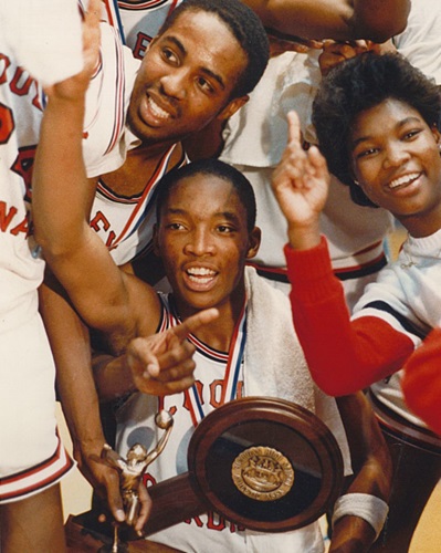 Detroit Cooley celebrates its 1987 Class A boys basketball championship.