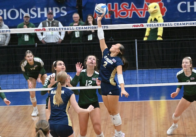 St. Francis’ Reese Jones (2) tips the ball over the net. 