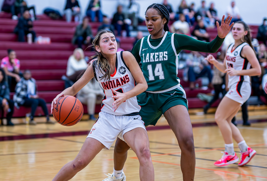 Tecumseh's Faith Wiedyk (2) drives the baseline against West Bloomfield also at the Lady Phoenix Shootout. 