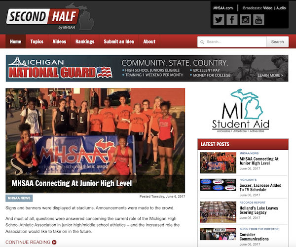 This is a screenshot of the front page of the MHSAA's Second Half site from June, 16, 2017.