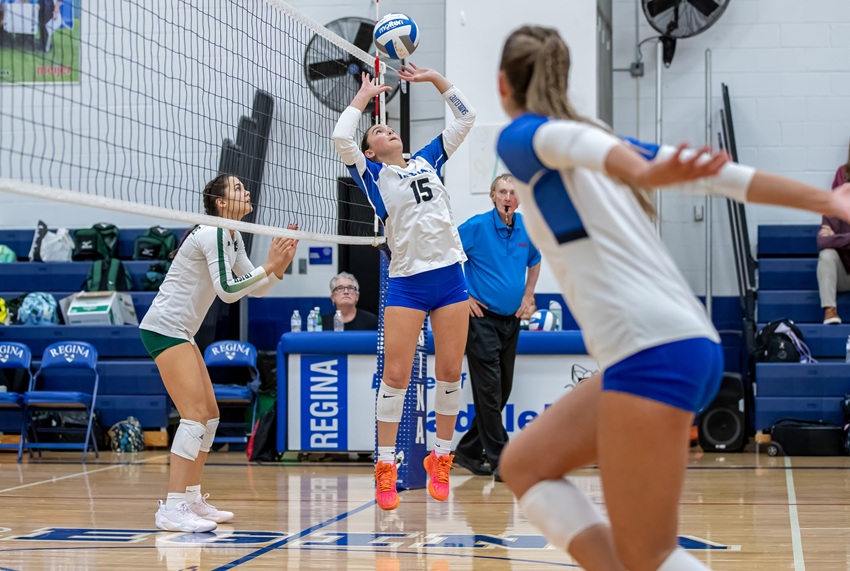 Warren Regina sets for a kill attempt against Notre Dame Prep during a Fighting Irish sweep.
